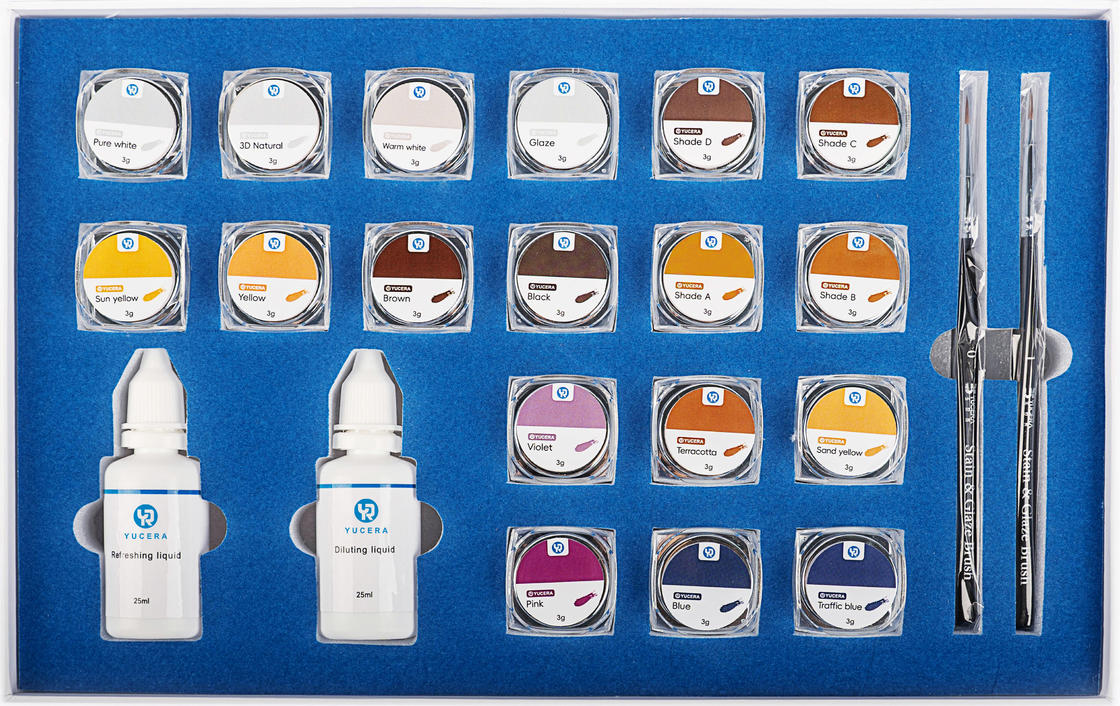 Bộ dụng cụ nhuộm và tráng men Zirconia gốm 18 màu Yucera Natural Glow cho các sáng tạo trong phòng thí nghiệm nha khoa